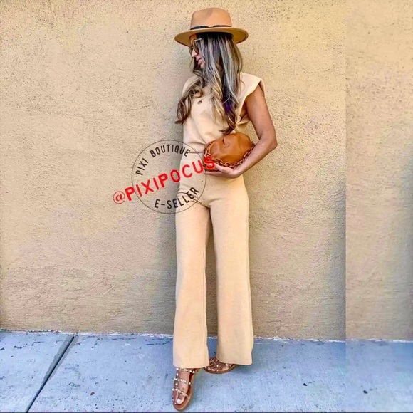 Zara 2 piece set - knit shoulder pad tee & matching pants tan lounge set - Picture 11 of 12
